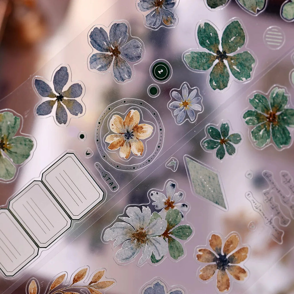 Vintage Green Floral Washi Tape PET Tape for Journaling