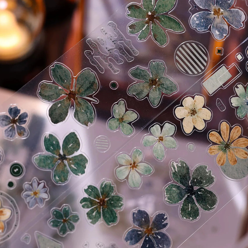 Vintage Green Floral Washi Tape PET Tape for Journaling