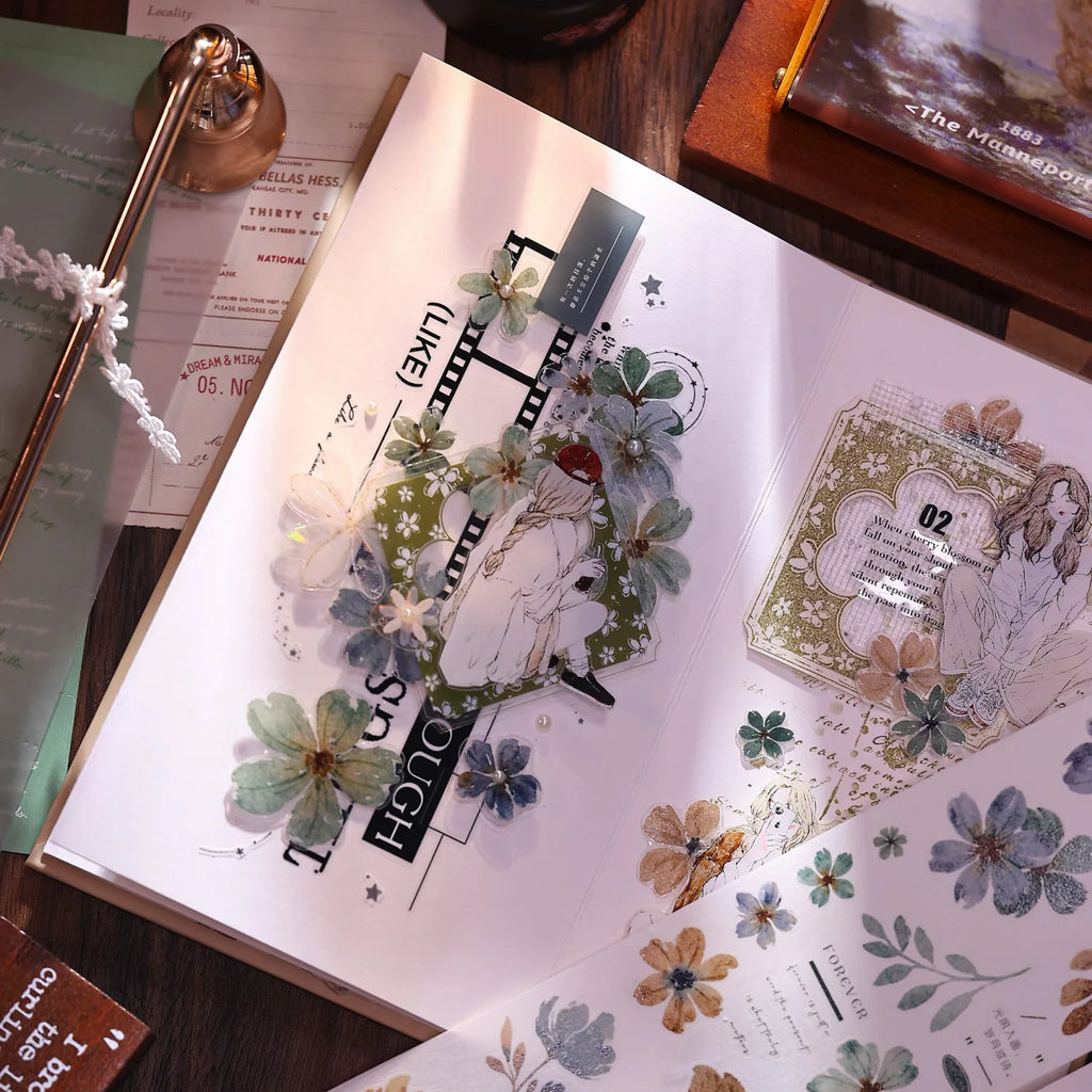 Vintage Green Floral Washi Tape PET Tape for Journaling