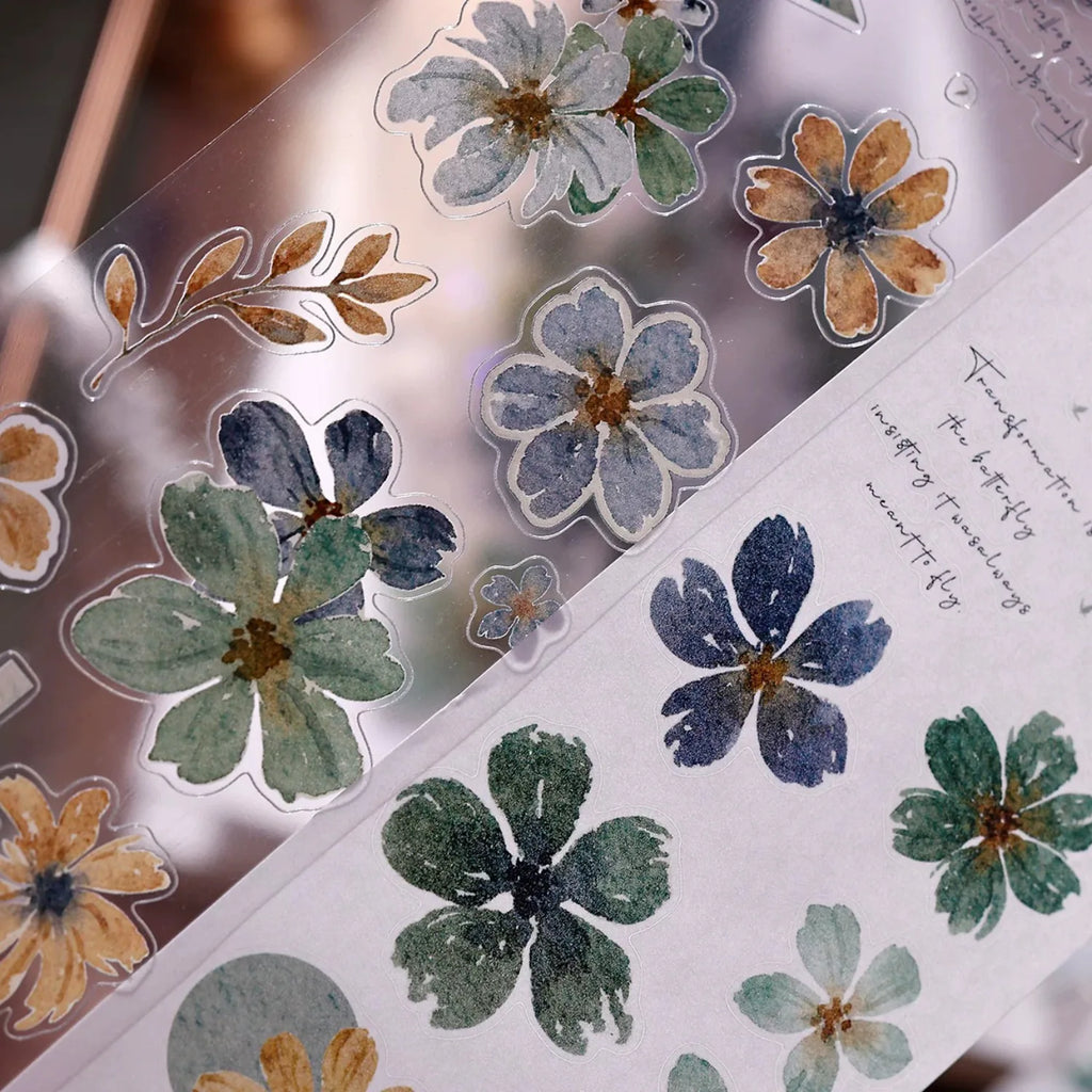 Vintage Green Floral Washi Tape PET Tape for Journaling