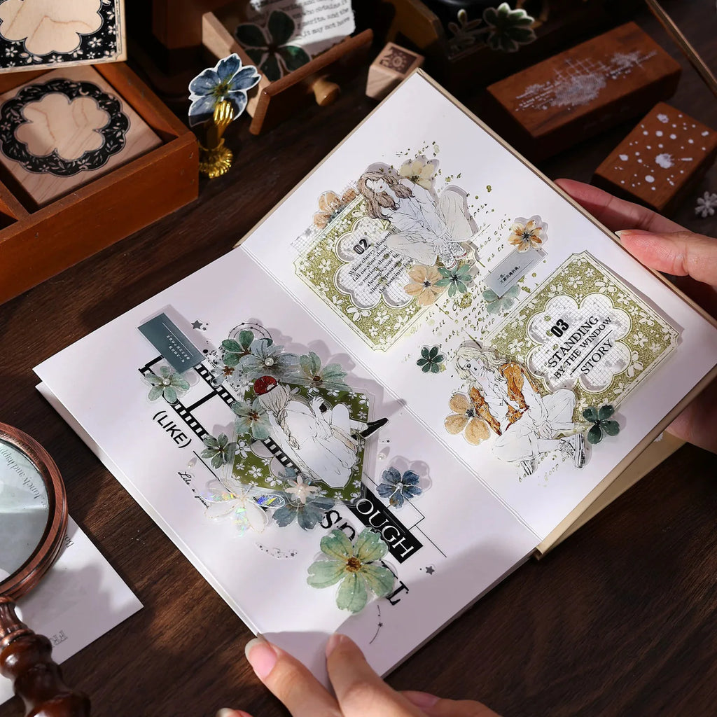 Vintage Green Floral Washi Tape PET Tape for Journaling