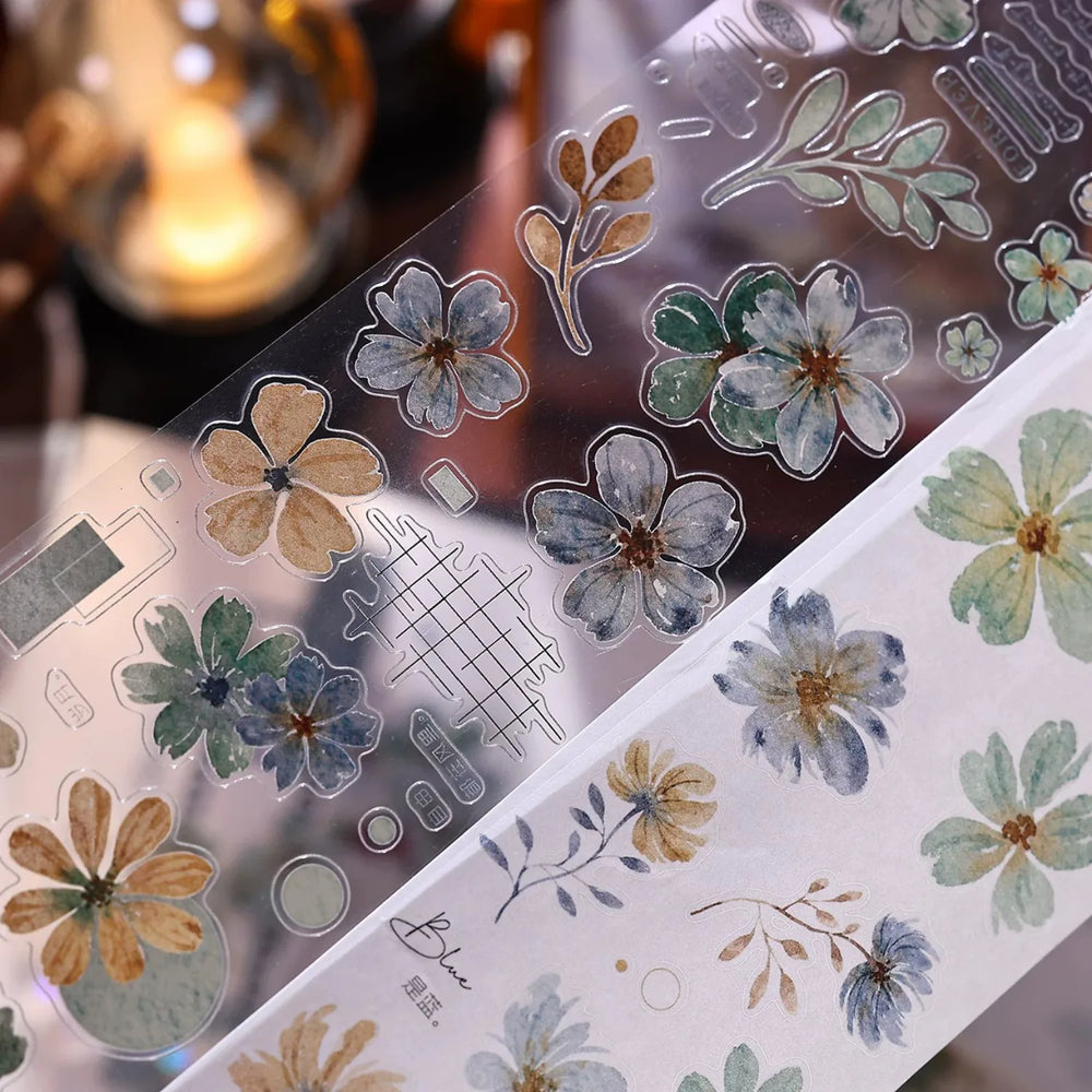 Vintage Green Floral Washi Tape PET Tape for Journaling