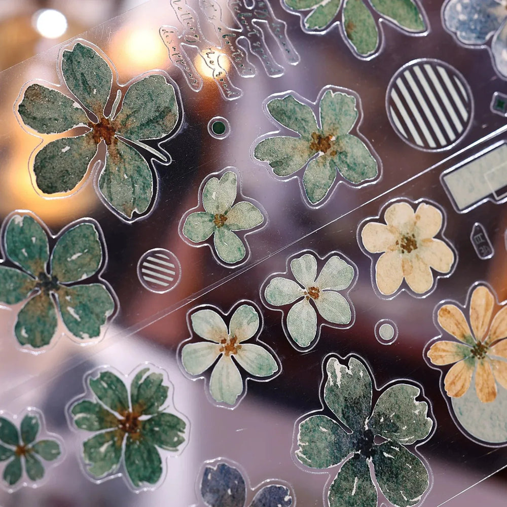 Vintage Green Floral Washi Tape PET Tape for Journaling