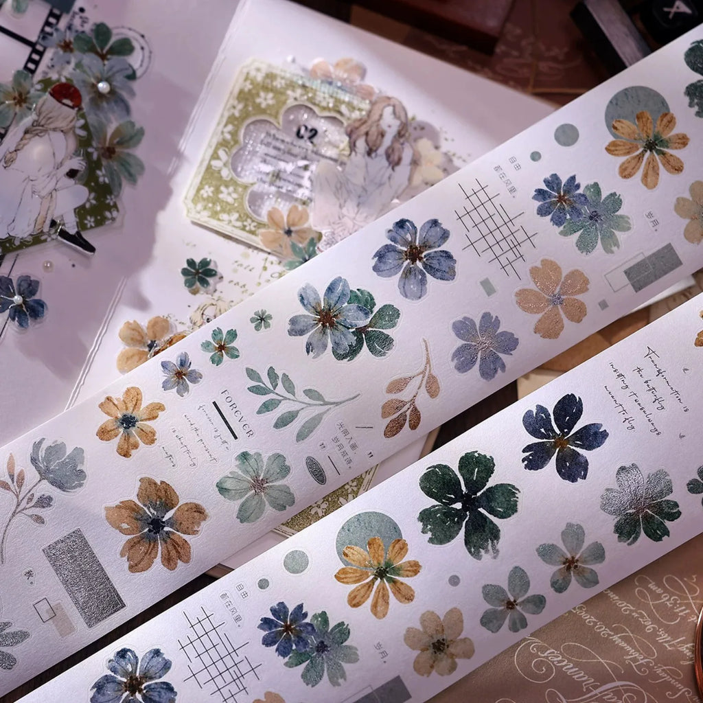Vintage Green Floral Washi Tape PET Tape for Journaling