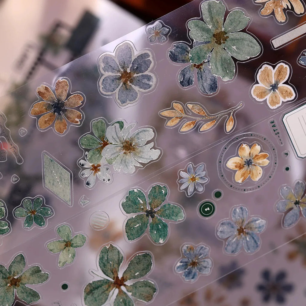Vintage Green Floral Washi Tape PET Tape for Journaling