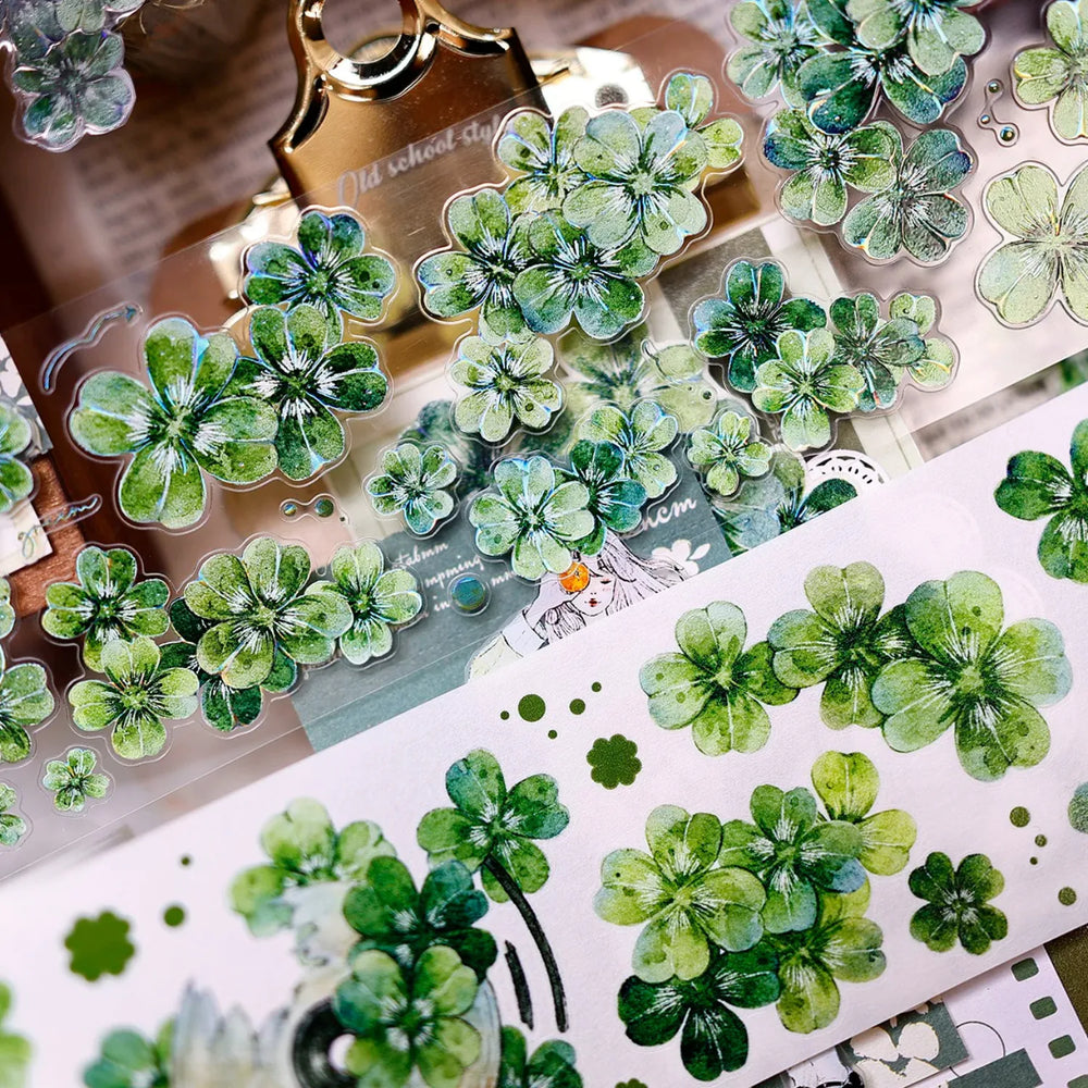 Vintage Green Four-Leaf Clover Shell Foil PET Washi Tape