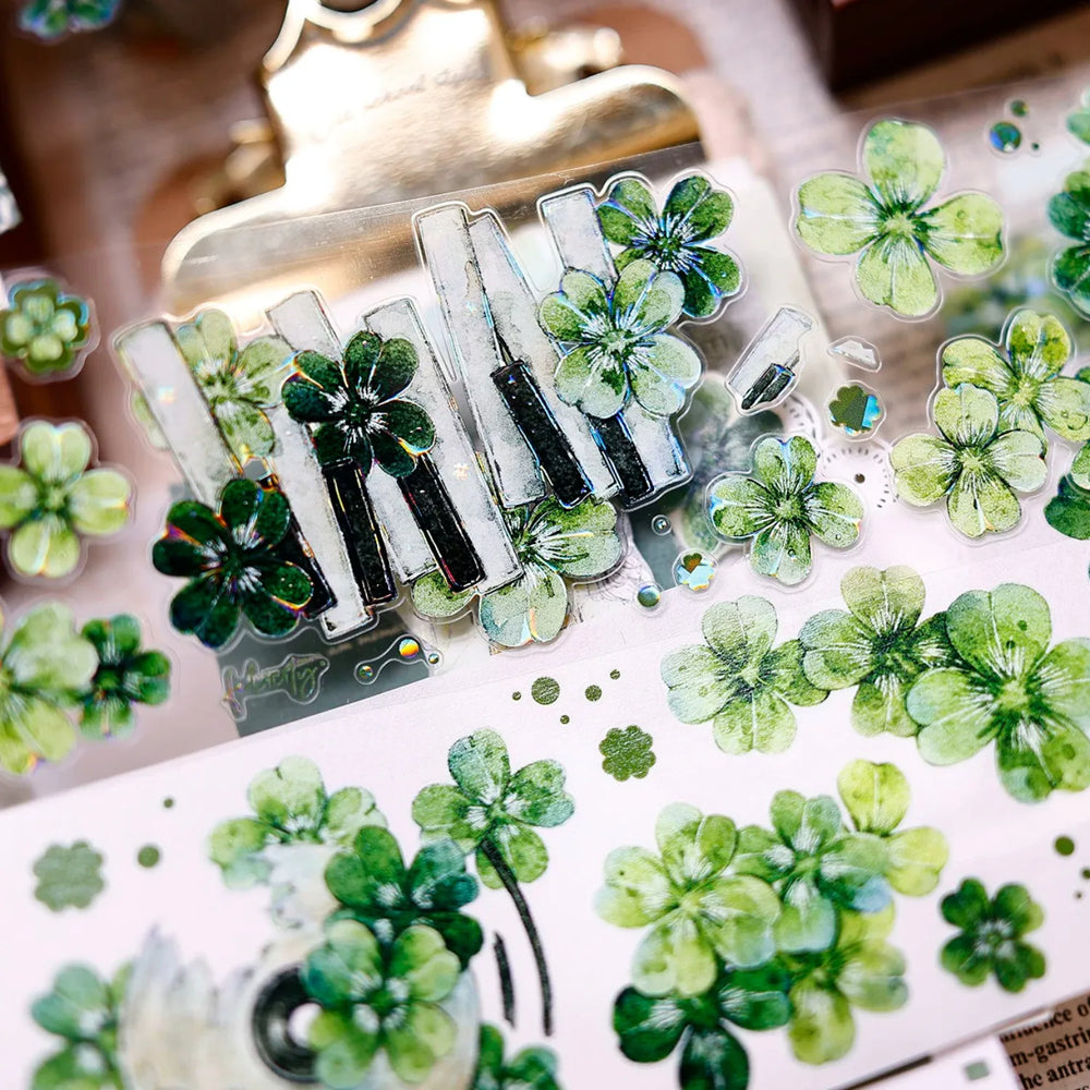 Vintage Green Four-Leaf Clover Shell Foil PET Washi Tape