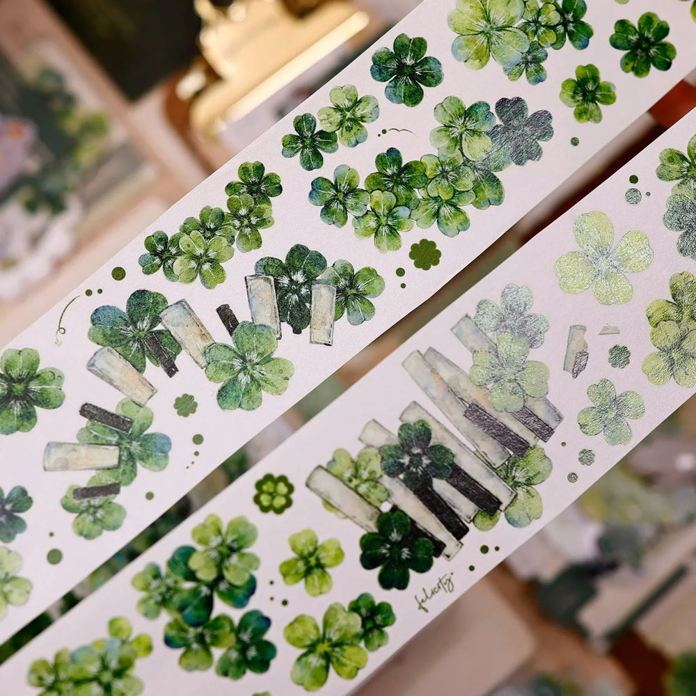 Vintage Green Four-Leaf Clover Shell Foil PET Washi Tape