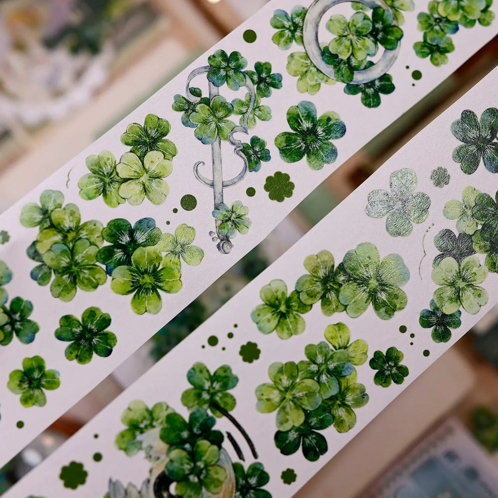 Vintage Green Four-Leaf Clover Shell Foil PET Washi Tape