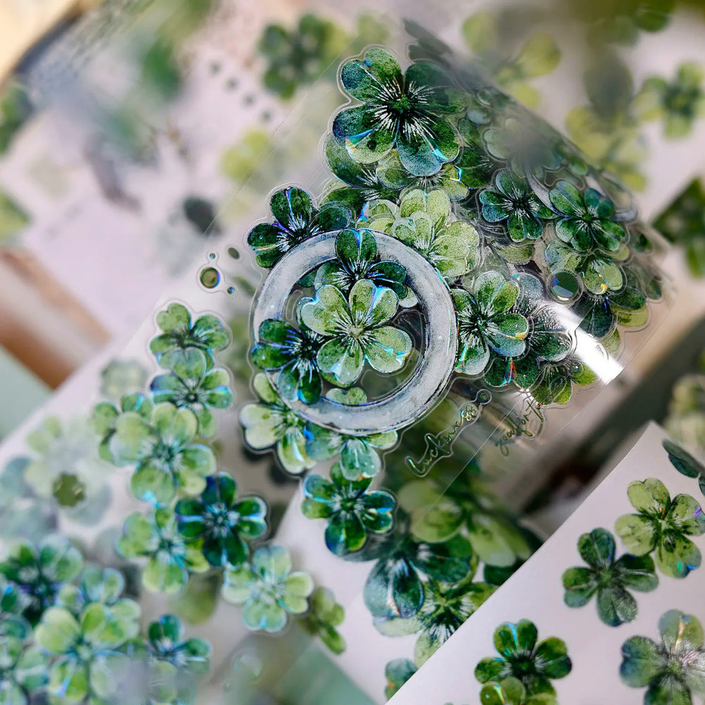 Vintage Green Four-Leaf Clover Shell Foil PET Washi Tape