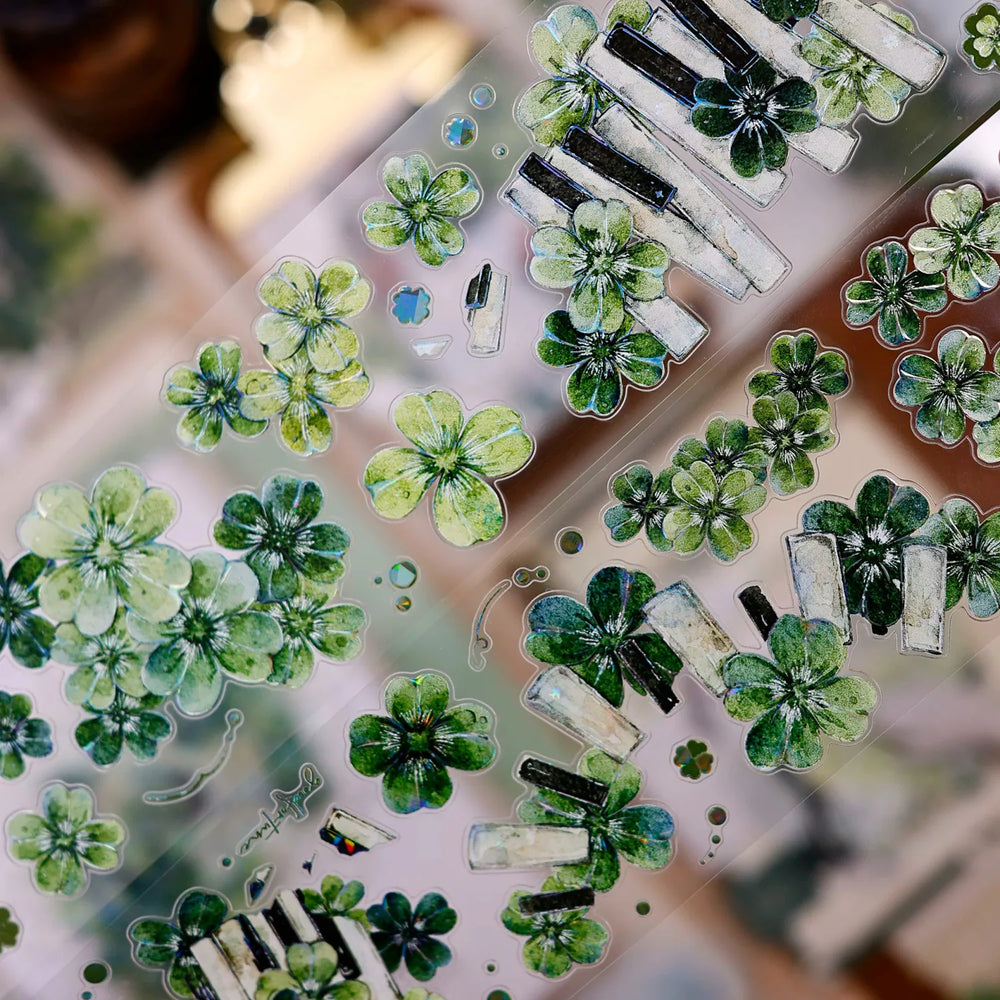Vintage Green Four-Leaf Clover Shell Foil PET Washi Tape