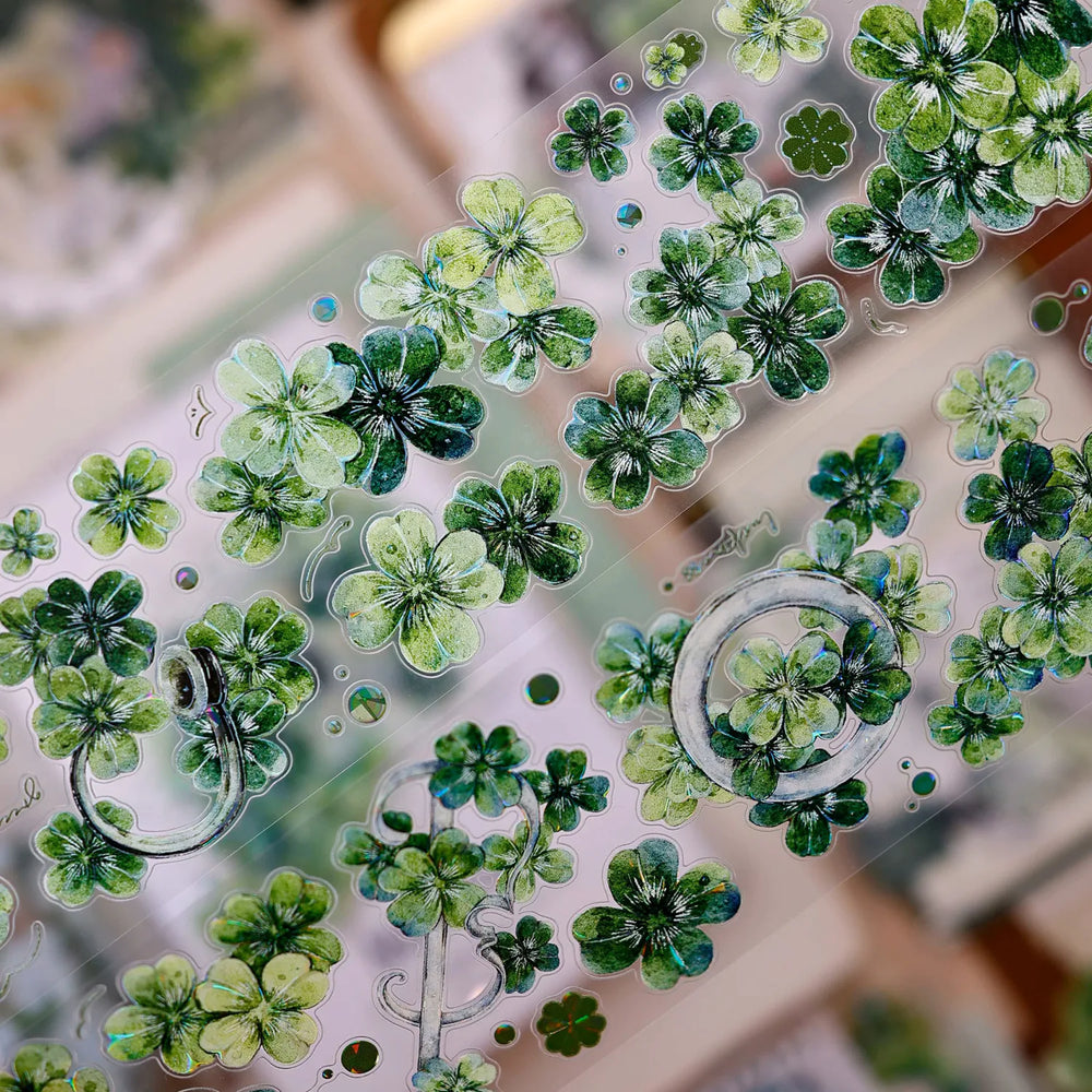 Vintage Green Four-Leaf Clover Shell Foil PET Washi Tape