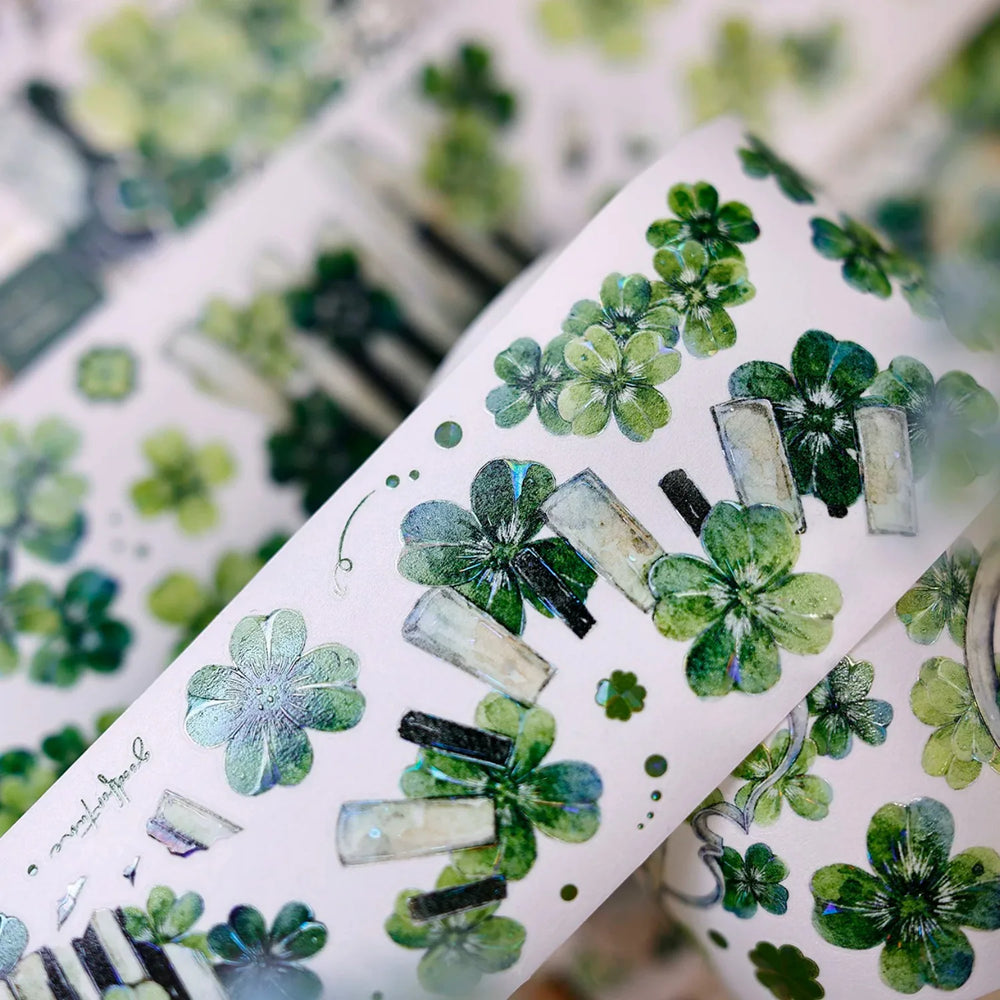 Vintage Green Four-Leaf Clover Shell Foil PET Washi Tape