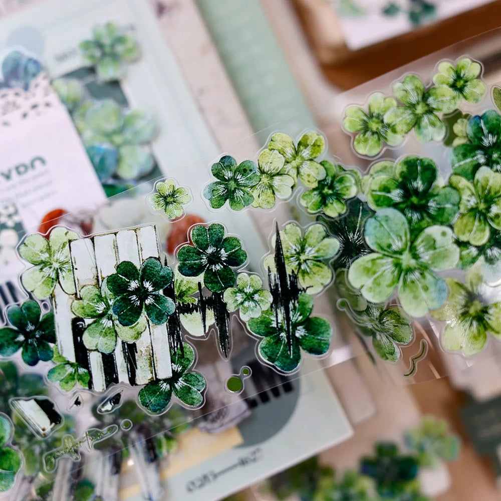 Vintage Green Four-Leaf Clover Shell Foil PET Washi Tape