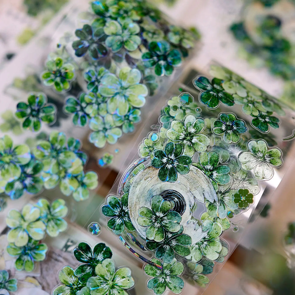 Vintage Green Four-Leaf Clover Shell Foil PET Washi Tape
