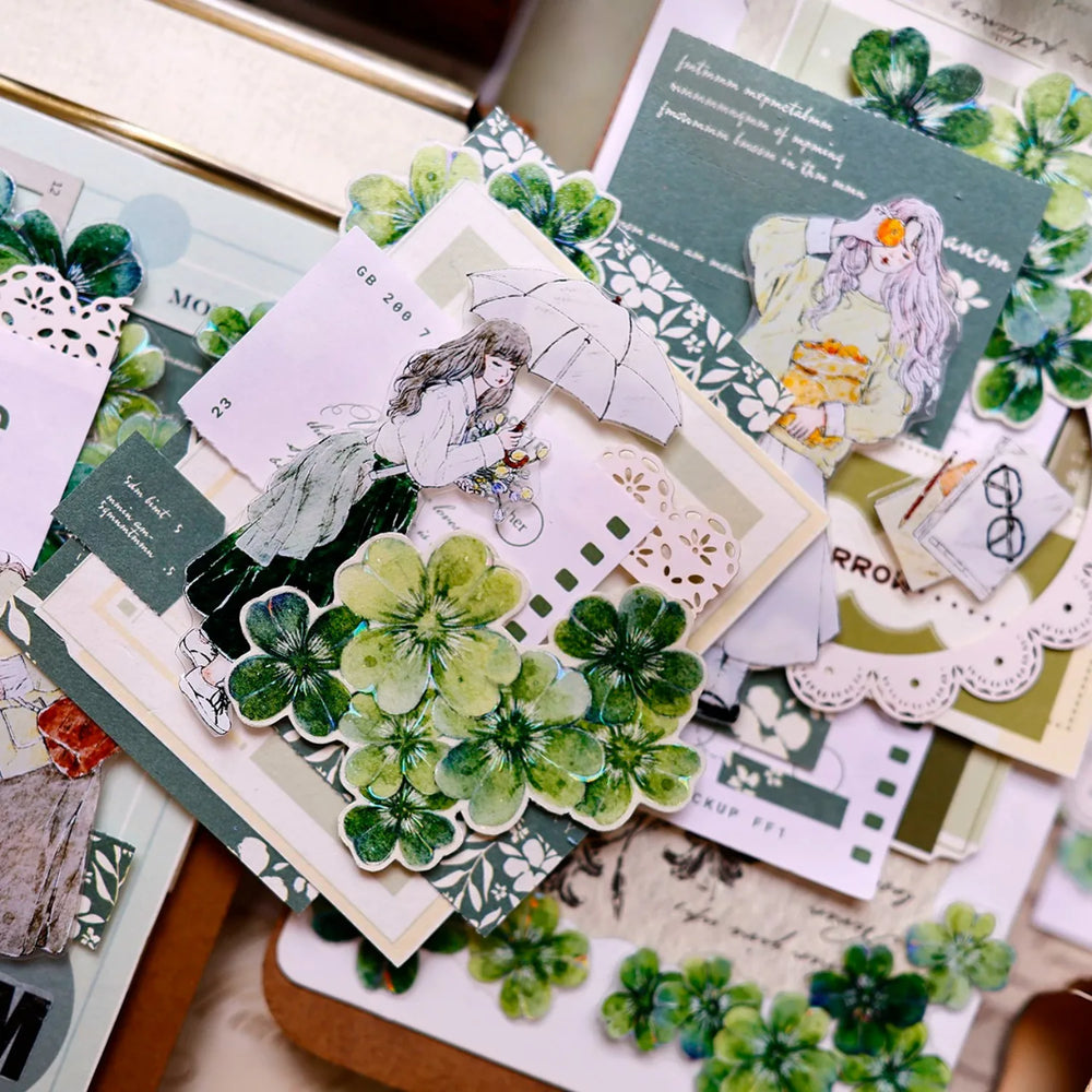 Vintage Green Four-Leaf Clover Shell Foil PET Washi Tape