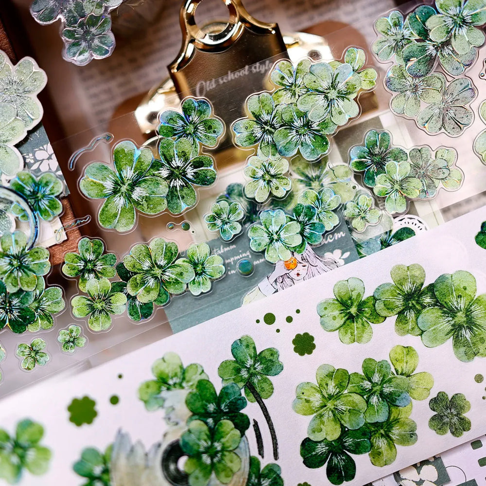 Vintage Green Four-Leaf Clover Shell Foil PET Washi Tape