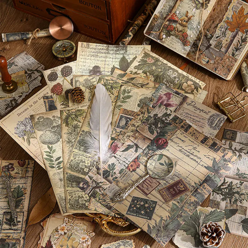 Vintage Junk Journaling Papierset | Natur-Scrapbookingpapier mit Früchten &amp; Wald