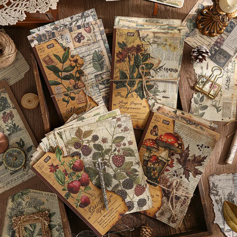Vintage Junk Journaling Papierset | Natur-Scrapbookingpapier mit Früchten &amp; Wald