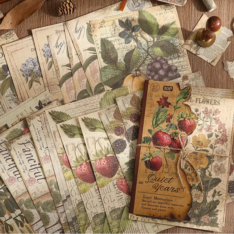 Vintage Junk Journaling Papierset | Natur-Scrapbookingpapier mit Früchten &amp; Wald