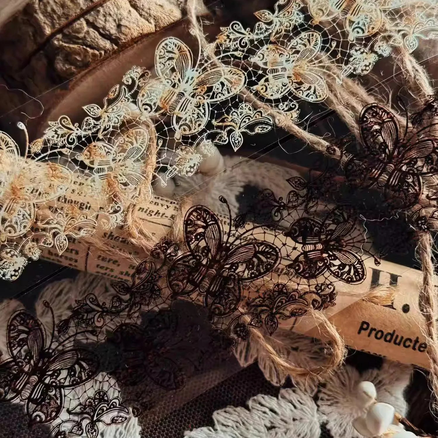 Ruban adhésif décoratif vintage en dentelle PET | Noir et blanc / Éphémères rétro pour journaling en dentelle