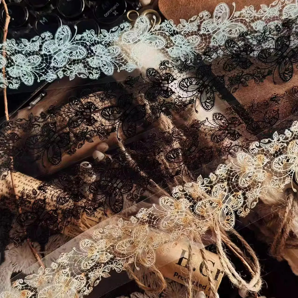 Vintage Lace PET Washi Tape | Black & White / Retro Lace Journaling Ephemera