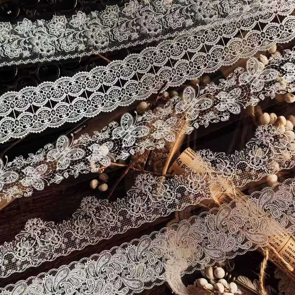 Ruban adhésif décoratif vintage en dentelle PET | Noir et blanc / Éphémères rétro pour journaling en dentelle