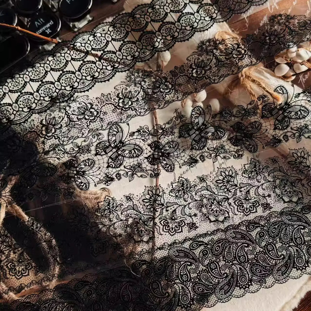 Ruban adhésif décoratif vintage en dentelle PET | Noir et blanc / Éphémères rétro pour journaling en dentelle