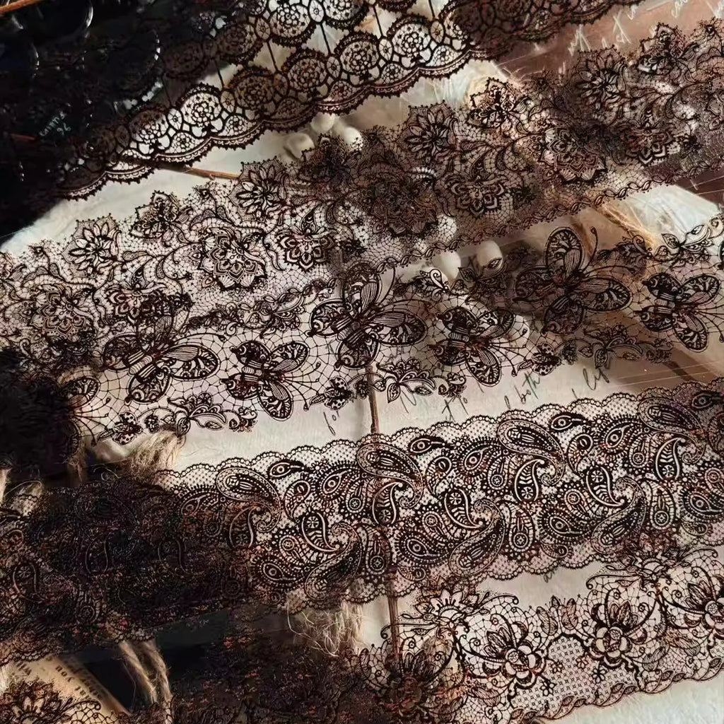Ruban adhésif décoratif vintage en dentelle PET | Noir et blanc / Éphémères rétro pour journaling en dentelle