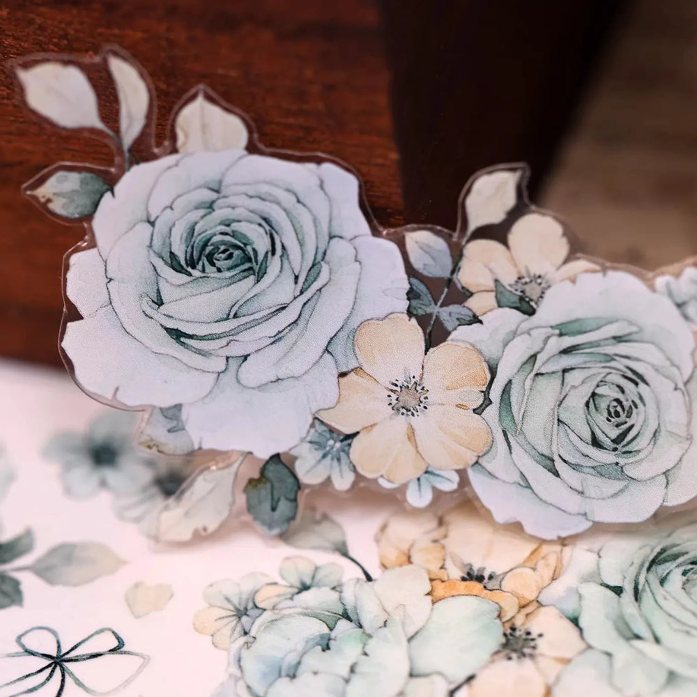 Ruban adhésif décoratif motif floral vert menthe (Washi et PET) | Ruban de masquage découpé motif coquillage pour journalisation