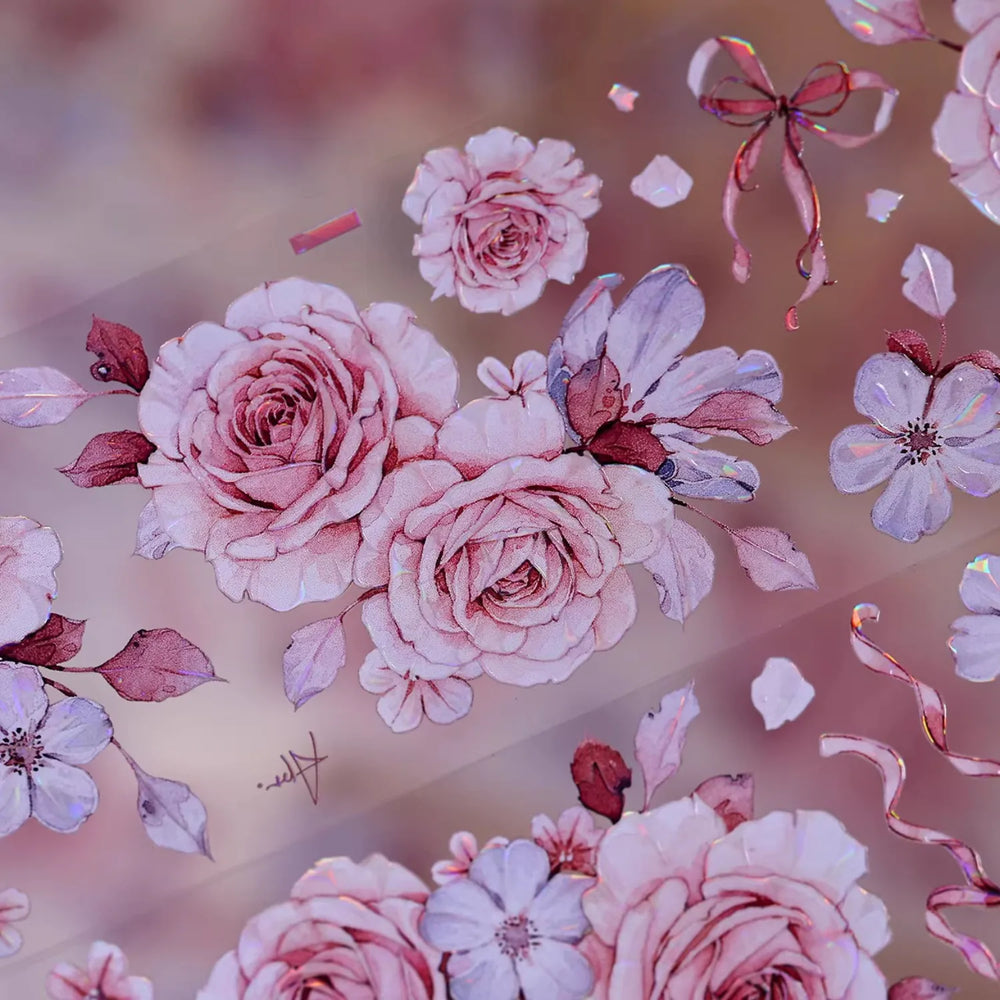 Ruban adhésif décoratif motif floral vert menthe (Washi et PET) | Ruban de masquage découpé motif coquillage pour journalisation