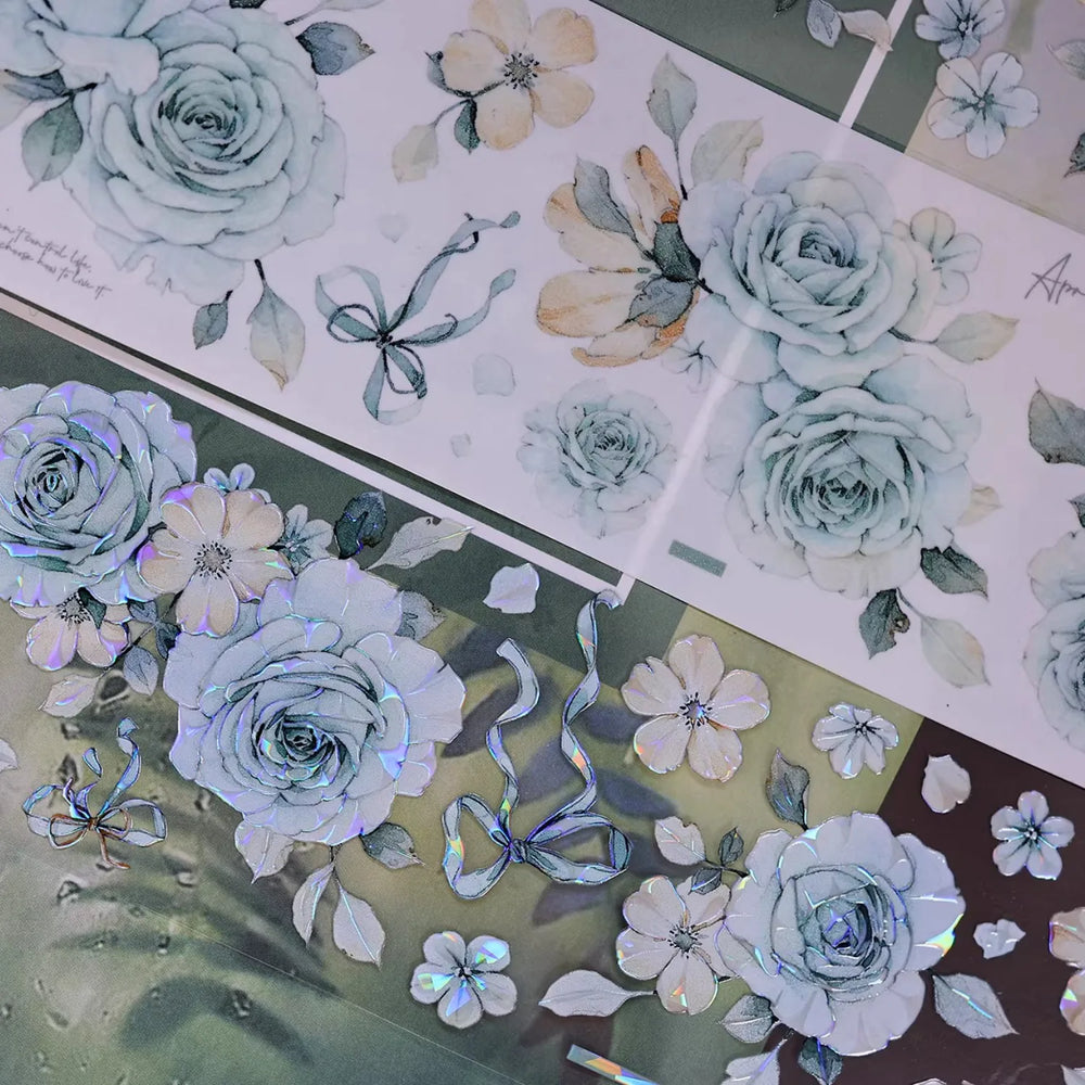 Ruban adhésif décoratif motif floral vert menthe (Washi et PET) | Ruban de masquage découpé motif coquillage pour journalisation