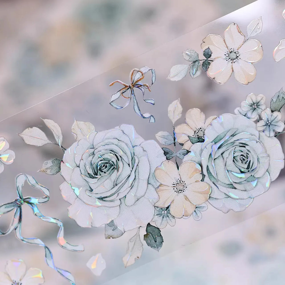 Ruban adhésif décoratif motif floral vert menthe (Washi et PET) | Ruban de masquage découpé motif coquillage pour journalisation