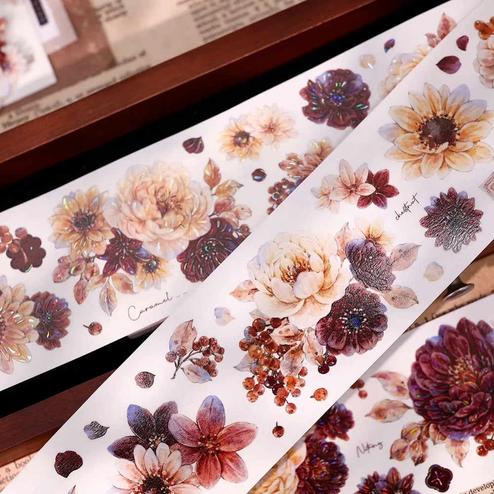 Vintage Peony Washi & PET Tape – Ivory & Burgundy