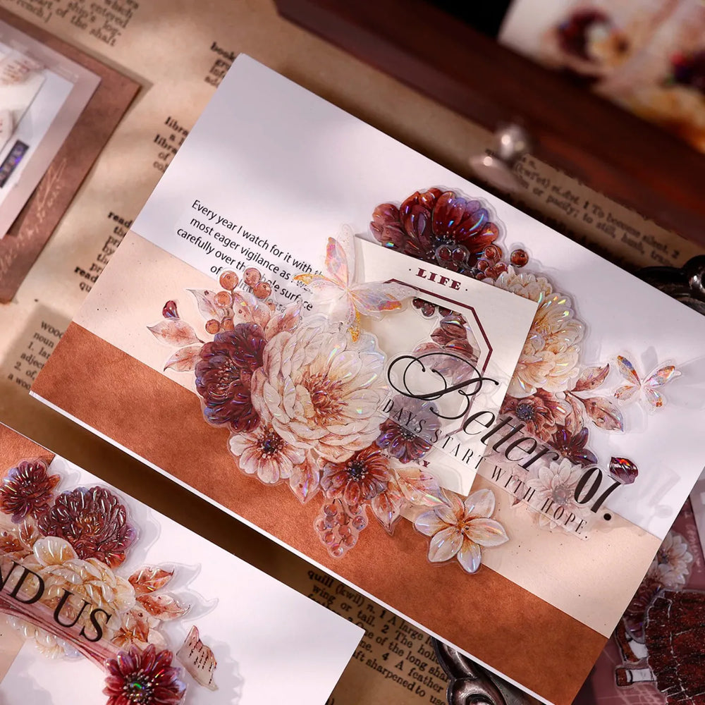 Vintage Peony Washi & PET Tape – Ivory & Burgundy