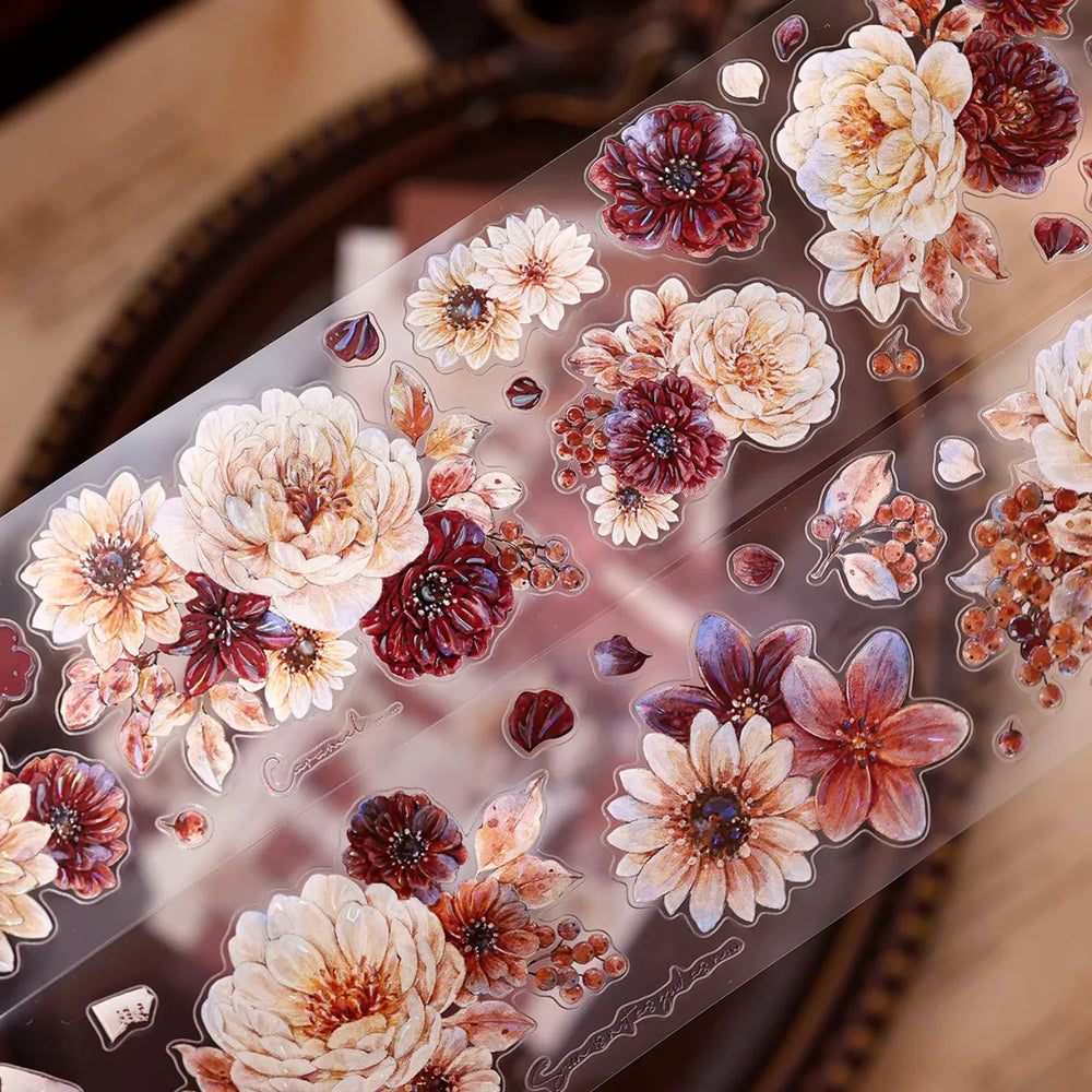 Vintage Peony Washi & PET Tape – Ivory & Burgundy