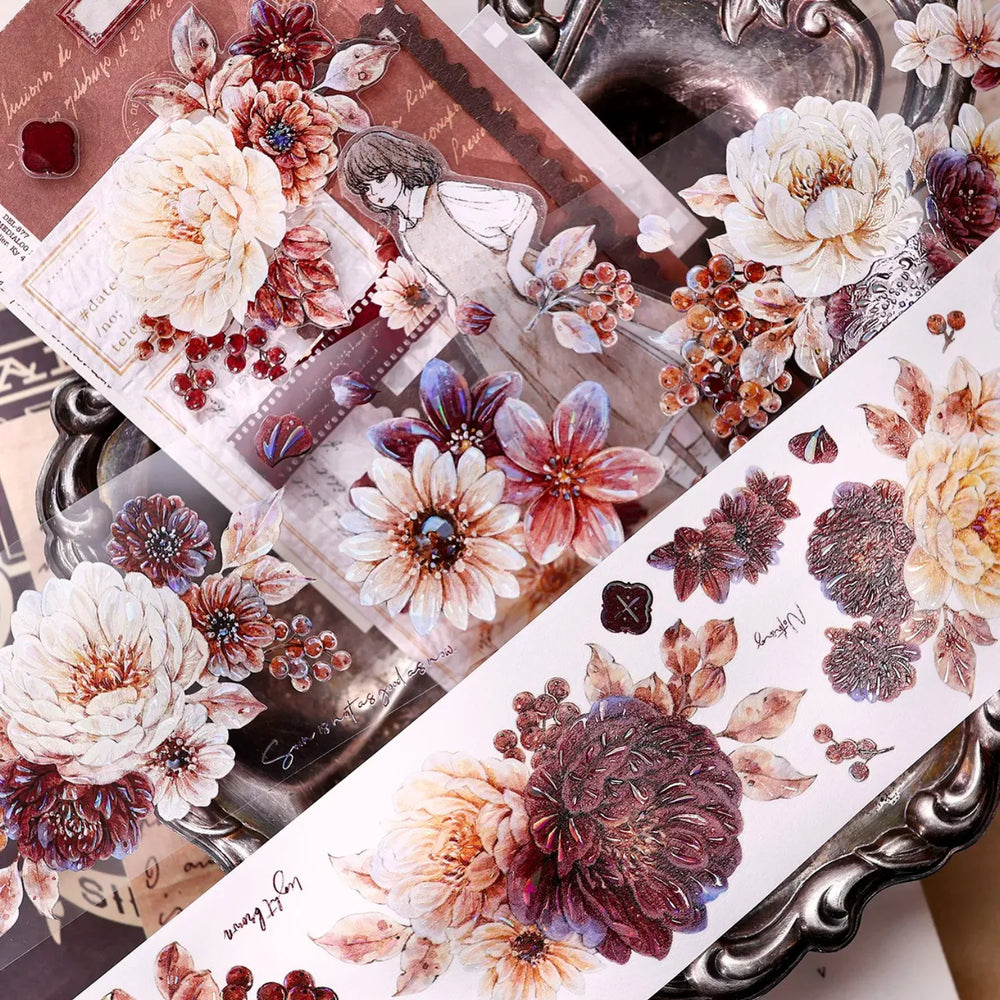 Vintage Peony Washi & PET Tape – Ivory & Burgundy