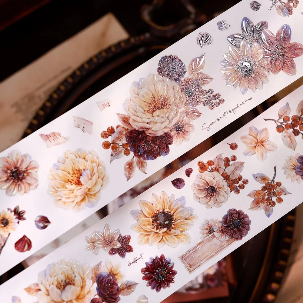Vintage Peony Washi & PET Tape – Ivory & Burgundy
