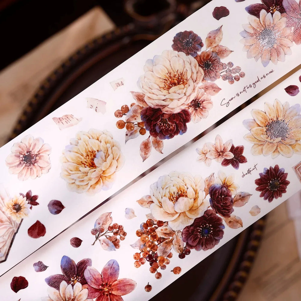 Vintage Peony Washi & PET Tape – Ivory & Burgundy