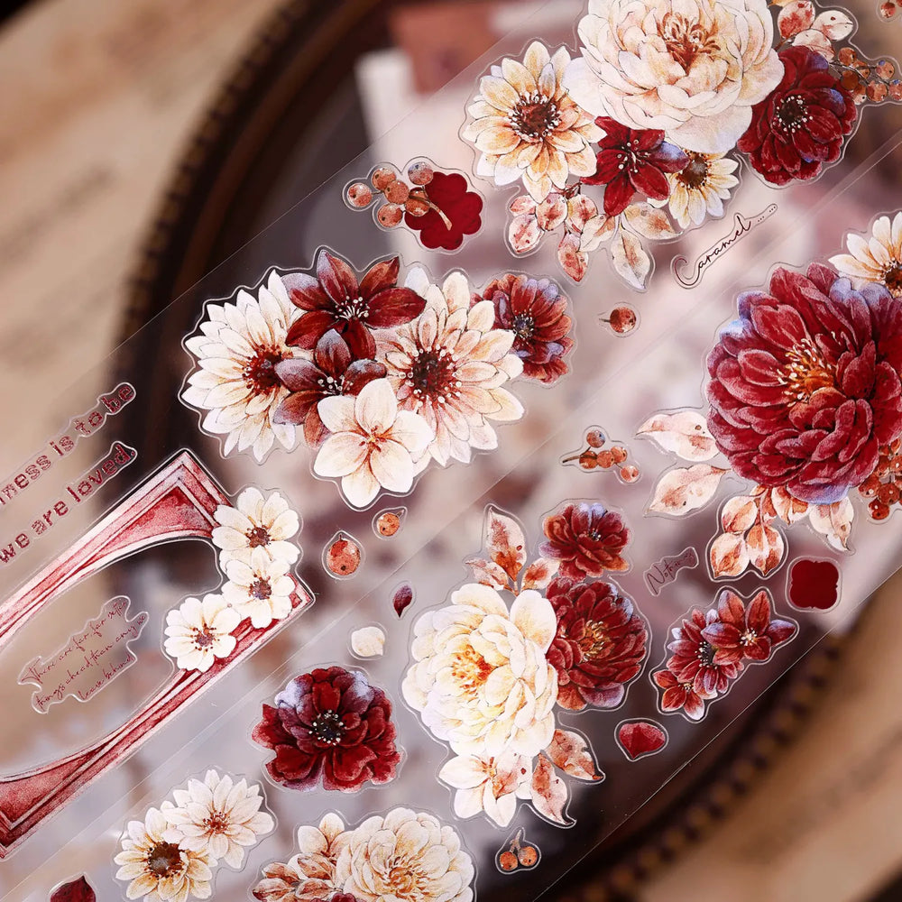 Vintage Peony Washi & PET Tape – Ivory & Burgundy