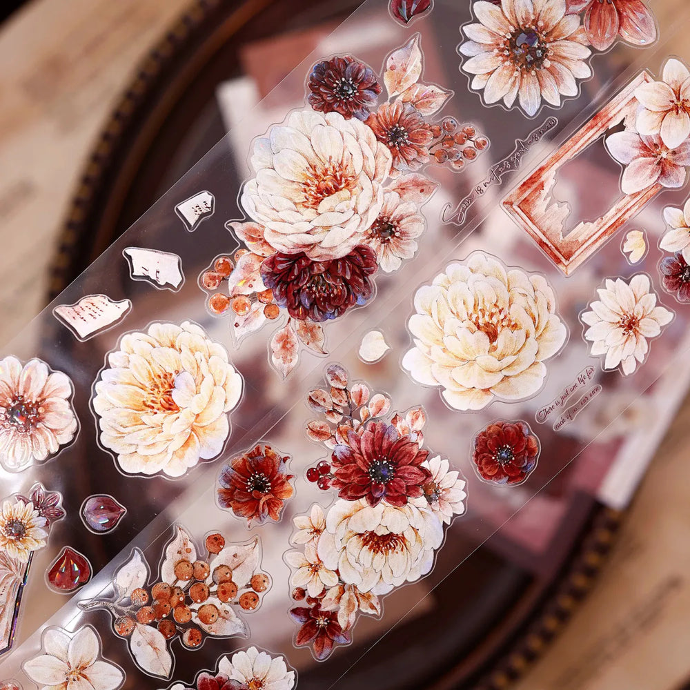 Vintage Peony Washi & PET Tape – Ivory & Burgundy