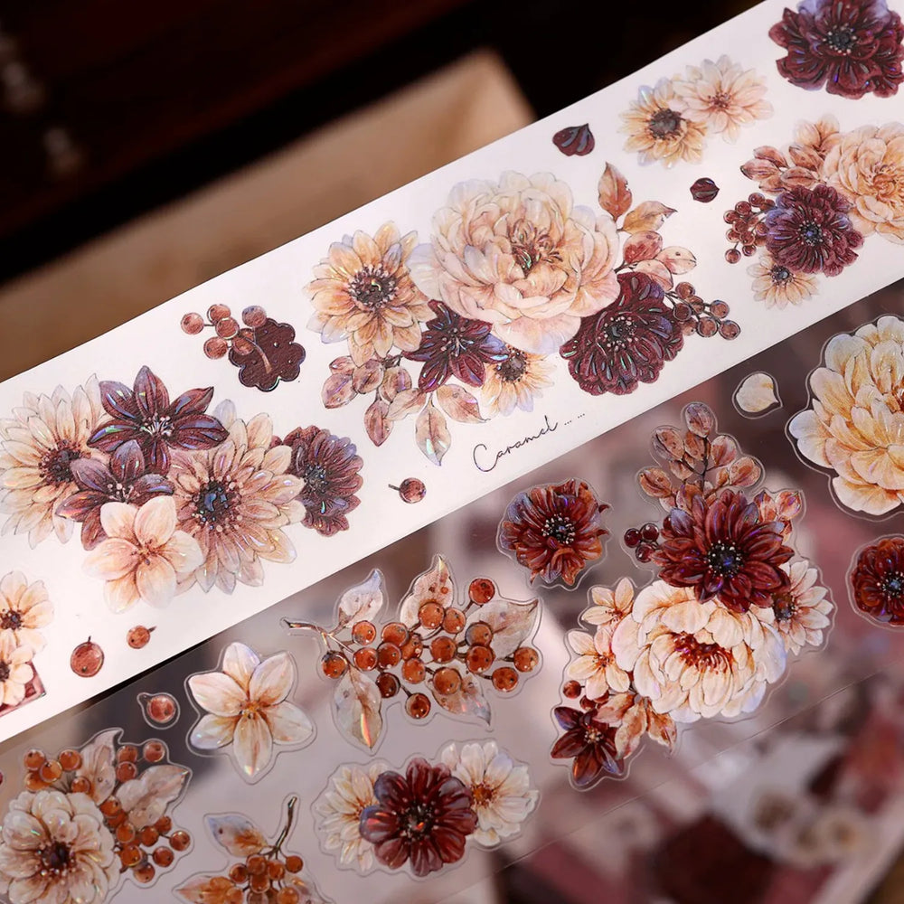 Vintage Peony Washi & PET Tape – Ivory & Burgundy