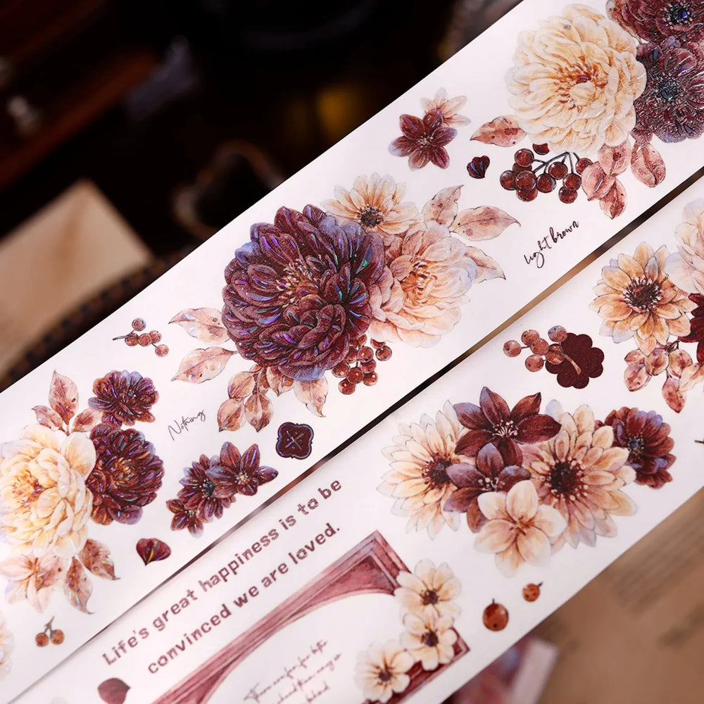 Vintage Peony Washi & PET Tape – Ivory & Burgundy