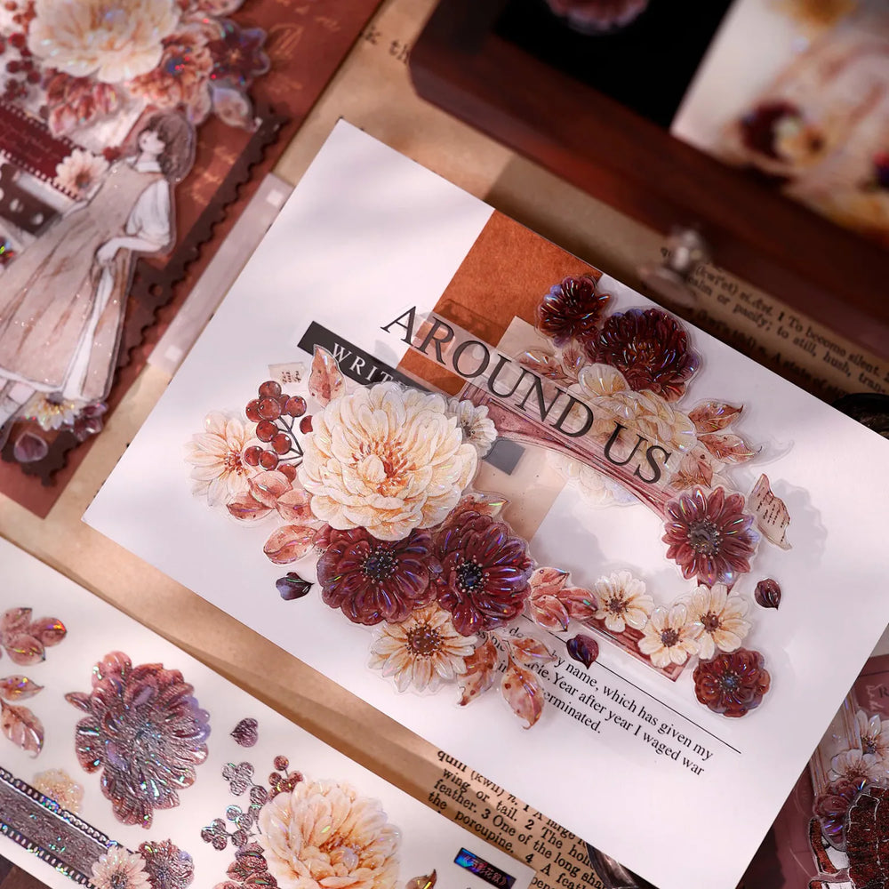 Vintage Peony Washi & PET Tape – Ivory & Burgundy