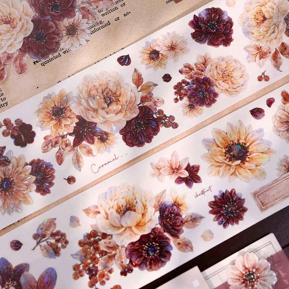 Vintage Peony Washi & PET Tape – Ivory & Burgundy