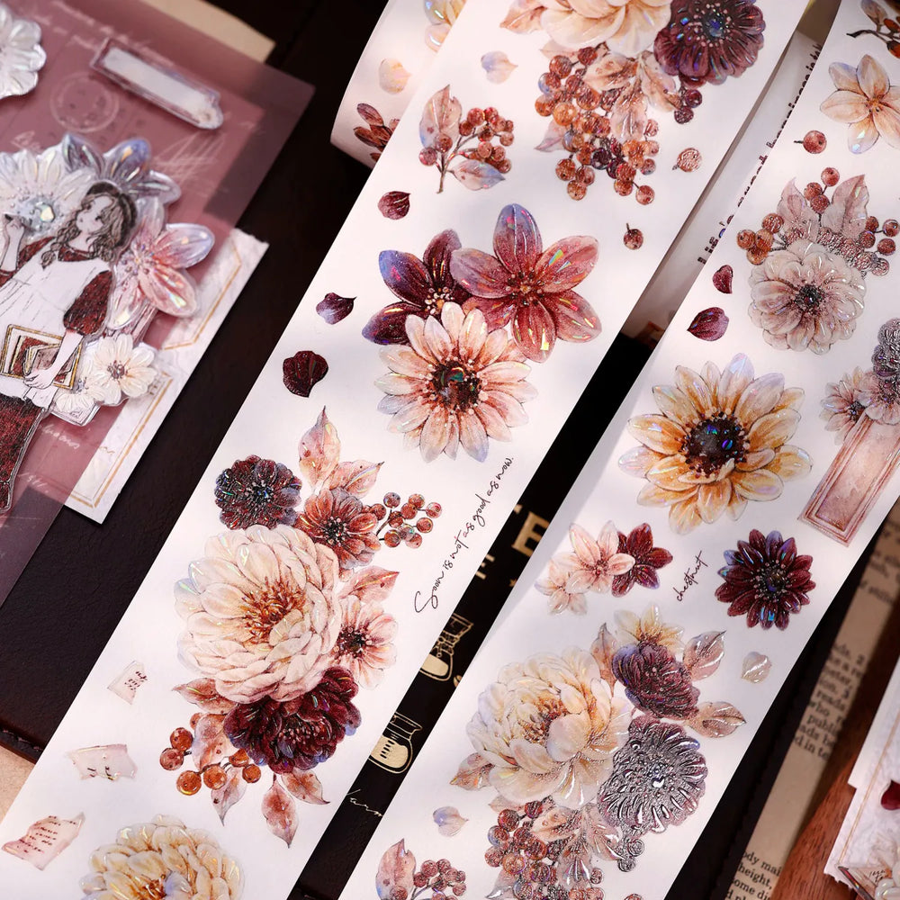 Vintage Peony Washi & PET Tape – Ivory & Burgundy