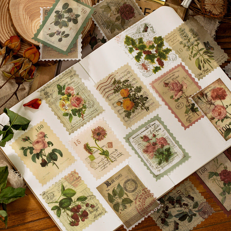 Autocollants de timbres-poste vintage avec plantes et fleurs