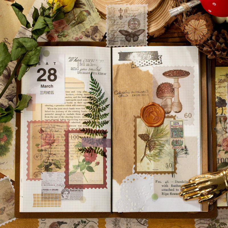 Autocollants de timbres-poste vintage avec plantes et fleurs