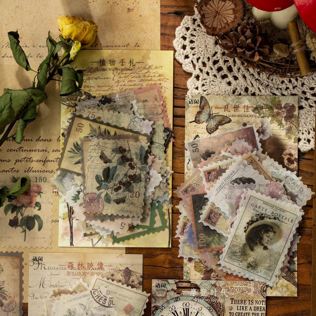 Autocollants de timbres-poste vintage avec plantes et fleurs
