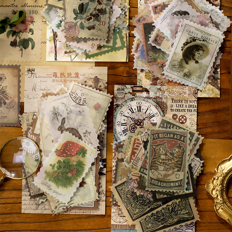 Autocollants de timbres-poste vintage avec plantes et fleurs
